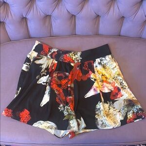 Alice + Olivia Black Floral Pleated Skort with Red & Yellow Blooms